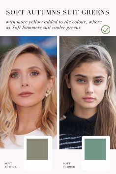 Soft Autumns suit greens with more yellow added to the colour, where as Soft Summers suit cooler greens Best Hair Dye Colors, Soft Autumn Makeup, Soft Summer Makeup, Seasonal Color Palette, Soft Autumn Palette, Inverted Triangle Body Shape