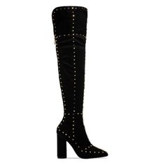 Approx. Measurements - Boot Height = 28” - Heel Height = 4” - Boot Entry Circumference = 16” - True To Size Back Zipper Closure Gold Tone Studs Throughout Inner Lining Chunky Heel Closed Pointed Toe Lightly Padded Insole Black Over The Knee Suede Boot Studded Heels, Chunky Heel, Suede Boots, Over The Knee Boots, Over The Knee, Chunky Heels, Knee Boots, The Knee, Heeled Boots