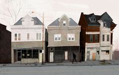 an artist's rendering of a row of houses in the middle of a street