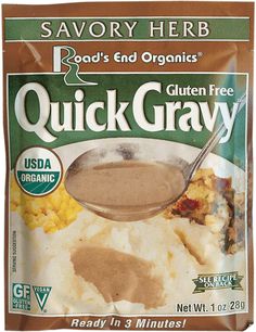 a bag of quick gravy with a spoon in it