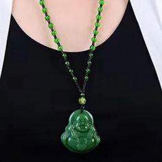 Carved Green Jade Buddha Necklace. Will Be Energetically Charged By A Reiki Master Casual Green Necklace For Gift, Handmade Green Casual Necklaces, Casual Green Handmade Necklaces, Casual Green Handmade Necklace, Casual Green Necklace, Casual Black Necklace For Gift, Jade Buddha Necklace, Fire Necklace, Jade Buddha