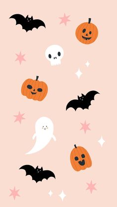 halloween wallpaper with pumpkins, bats and ghost faces on pink background for kids'room