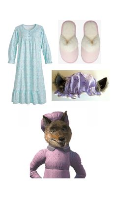 the doll is wearing a purple dress and slippers