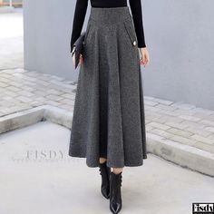 Fisdy - Womens High-Waisted A-Line Maxi Skirt with Thick Ruffled Hem and Umbrella Design High Waist Maxi Dress, Plaid Wool Skirt, Umbrella Skirt, High Waisted Maxi Skirt, Long Evening Gowns, Pleated Maxi Skirt, Half Skirt, High Waist Dress, Wool Skirts