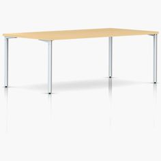 an empty rectangular table with metal legs and a wooden top, on a white background