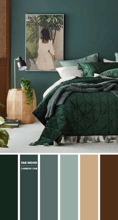 a bedroom with green and brown colors in the walls, bed linens and pillows