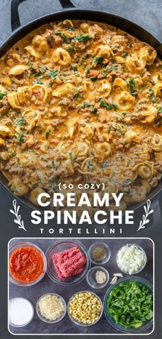 the cover of creamy spinach tortellini is shown in front of other ingredients