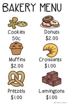 a poster with different types of food and prices for each item in the menu, including donuts, cookies, muffins, croissants, pretzels $ 10 00