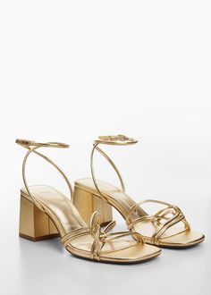 Strappy heeled sandals - Women | Mango USA Gold Block Heels, Mango Outlet, Buckled Heels, Strappy Sandals Heels, Swag Shoes, Gold Sandals, Gold Heels, Ankle Bracelet, Ankle Bracelets