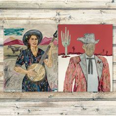 two paintings of people in cowboy hats and clothes, one is holding a guitar the other has a cactus