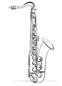 a black and white drawing of a saxophone with the keys missing from it's mouth