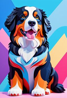 a dog is sitting in front of a colorful background