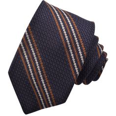 Mocha, Sand, and Navy Fine Double Bar Stripe Italian Grand Grassa Grenadine Silk Tie by Dion Neckwear Striped Standard Tie For Formal Occasions, Elegant Formal Suit And Tie Accessories With Vertical Stripes, Elegant Striped Suit Accessories For Workwear, Elegant Standard Tie With Vertical Stripes, Striped Business Neckwear Ties, Striped Business Neckwear, Elegant Striped Ties For Office, Elegant Business Ties With Vertical Stripes, Elegant Striped Ties For Work