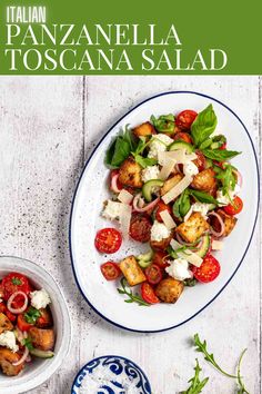 Panzanella toscana salad on a large white enamel serving dish, surrounded by a bowl of salad, salt and rocket leaves. Tuscan Salad, Italian Bread Salad, Fresh Tomato Pasta, Italian Recipes Easy, Bread Salad, Toasted Bread, Pasta Salad Italian, Stale Bread, Best Salad Recipes