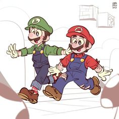 mario and luigi running in the air with their arms around each other, both wearing overalls