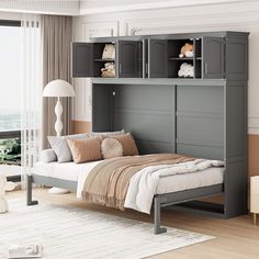 a bedroom with a bed, bookcase and dresser