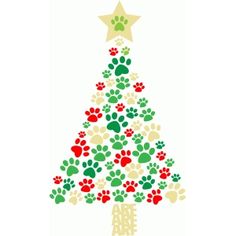 a christmas tree with paw prints and stars on it's top, in the shape of a star