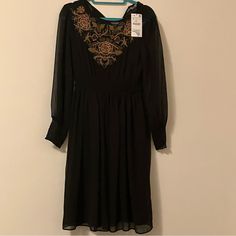 Nwt Zara Black Sheer Chiffon Dress With Floral Embroidery, Smocked Waist And Cuff. Elegant Fall Dresses With Intricate Embroidery, Elegant Black Dresses With Embroidered Sleeves, Black Long Sleeve Dress With Embroidered Neckline, Bohemian Black Embroidered Party Dress, Elegant Long Sleeve Black Embroidered Dress, Elegant Zara Dress With Floral Embroidery, Zara Embroidered Dress For Party, Zara Embroidered Dresses For Party, Halter Strap Dress