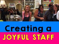 a group of women standing in a kitchen with the words creating a joyful staff