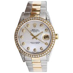 Rolex 34mm Date 2 Tone White MOP Mother of Pearl Dial with Diamond Accent Bezel+ lugs 15053 Rolex Watches Women Diamonds, Rolex Two Tone, Diamond Watches Women, Rolex Diamond, Bezel Watch, Rolex Watches Women, Rolex Women, Rolex Date, Luxe Jewelry