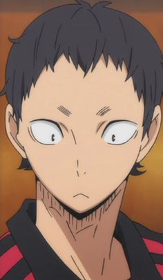 an anime character with blue eyes and black hair, staring at the camera while wearing a striped shirt