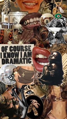 a collage of images with words and pictures on them, including an image of a woman's face