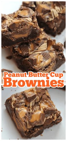 peanut butter cup brownies are stacked on top of each other