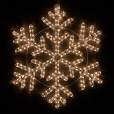 a lighted snowflake is shown in the dark with white lights on it's sides