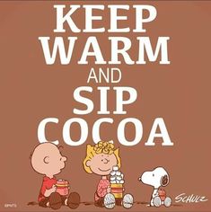 a charlie brown poster with the words keep warm and sip cocoa