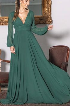 MACloth Long Sleeves V Neck Chiffon Evening Gown Dark Green Formal Dre Dark Green Formal Dress, Green Formal Dress, Green Formal Dresses, Sukienki Plus Size, Mode Abaya, Custom Size Dresses, Green Prom Dress, Chiffon Long Sleeve, Long Prom Dress