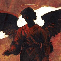 an angel with outstretched wings standing in front of a red background