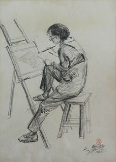 a pencil drawing of a person sitting on a stool with an easel in front of him