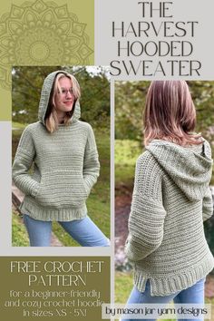 the harvest hoodie sweater is knitted in two different colors and features an attached hood