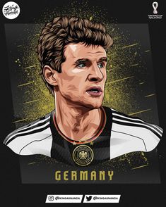 the face of germany's soccer player thomas germay is depicted on a black background