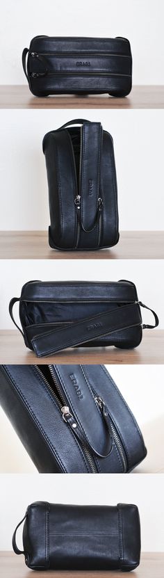 four different types of black leather bags lined up on top of each other with zippers