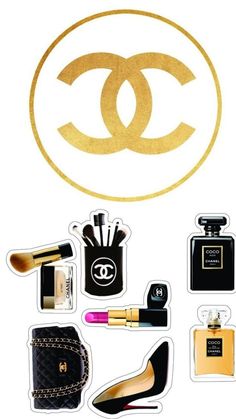 the chanel logo is surrounded by cosmetics and makeup products