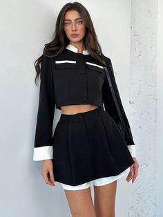 Women's Stand Collar Blazer Jacket + Color Block Skort 2pcs Suit Set Black Casual    Colorblock,Striped  Non-Stretch  Women Clothing, size features are:Bust: ,Length: ,Sleeve Length: Fake Two-piece Long Sleeve Sets For Spring, Spring Long Sleeve Fake Two-piece Sets, Spring Workwear Sets With Collared Shape, Spring Workwear Collared Sets, Spring Workwear Sets With Collar, Spring Workwear Sets, Black Office Sets For Spring, Trendy Two-piece Workwear Set, Black Two-piece Long Sleeve Set