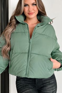 Changing Climate Detachable Sleeve Puffer Jacket (Green) · NanaMacs Solid Puffer Jacket With Zipper For Fall, Versatile Solid Color Winter Outerwear, Fall Puffer Jacket For Work, Puffer Jacket For Workwear In Fall, Green Outerwear With Zipper For Fall, Green Outerwear With Zipper Closure For Fall, Green Fall Outerwear With Zipper Closure, Fitted Green Puffer Jacket For Fall, Puffer Style