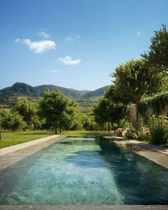 an outdoor swimming pool surrounded by lush green trees and mountains in the distance with clear blue water