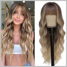 The Long Wig With Natural Shine And Top-Quality Is Made From 100% Premium Protein Fiber. Meanwhile The Wig Is Super Soft And Natural, Professional Innovative Layered Design And Advanced Protein Fibers Applied Greatly Reduce Knotting Problem, And Drastically Reducing Hair Loss And Knotting Is Our Promise. This Long Wavy Wigs With Bangs For Women Is Easy To Maintain With Optimized Design, Which Will Give You An Elegant & Luxurious New Look Quickly. Packaged In A Beautifully Designed Box By Us.What Blonde Hair Front Bangs, Wigs Blonde, Front Bangs, Luxy Hair Extensions, Luxy Hair, Bangs For Women, Wavy Wigs, Long Curly Wig, Front Hair Styles