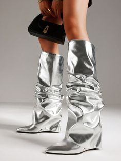 Women's Wedge Heel Fold Over Boots Tall Slouchy Wide Calf Knee High Boots Pointed Toe Dress Boots Silver         Women Shoes, size features are:Bust: ,Length: ,Sleeve Length: Wide Calf Knee High Boots, Fold Over Boots, Silver Boots, Boots Tall, Dress Boots, Boots Women Fashion, Womens Knee High Boots, Wide Calf, Womens Wedges