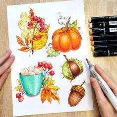 someone is drawing autumn leaves, acorns and pumpkins with colored pencils