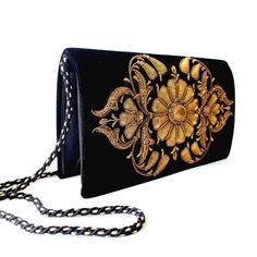 Black velvet clutch embroidered with copper flower and tiger eye, side view,  BoutiqueByMariam. Peacock Clutch, Shibori Fabric, Heart Christmas Ornaments, Intricate Art, Velvet Clutch, 3d Embroidery, Royal Court, Wedding Clutch, Gold Thread