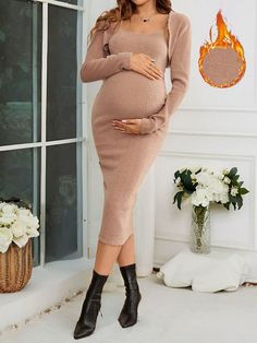 Maternity 2pcs Set - Long Sleeve Cardigan And Solid Color Bodycon Dress, Autumn/Winter, Teacher Outfit Khaki Elegant    Plain  Medium Stretch All Maternity Clothing, size features are:Bust: ,Length: ,Sleeve Length: Maternity Two Piece, Dress For Pregnant Women, Maternity Lounge Wear, Maternity Chic, Split Hem Dress, Sleeveless Tops Summer, Casual Maternity, Áo Len Cardigan, Pajama Dress