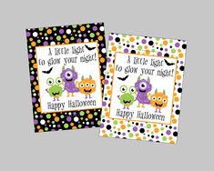 two halloween cards with cute monsters on them