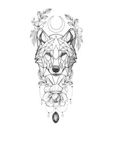 a drawing of a wolf's head with flowers and leaves around it, on a white background