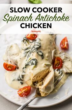 this slow cooker spinach artichoke chicken recipe is so delicious and easy to make