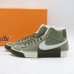 Us Size 12 Men's Nike Blazer Mid Pro Club Sneakers Dq7673-301 Oil Green/Sea Glass - New In Box, Box Is Lightly Damaged. We Only Sell 100% Genuine Products, Sourced From Major Retailers. Air Max 95 White, Jordan Retro 1 Low, Nike Air Max 2, Nike Sb Blazer, Pro Club, Nike Air Max 2015, Nike Sb Zoom, Nike Blazers Mid, Nike Blazer Mid