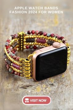 Handmade Apple Watch band for women, featuring vibrant red, pink, and gold beads with detailed gold accents. A stunning 2024 fashion accessory compatible with all Apple Watch series, perfect for adding a touch of elegance and color to your wrist Trendy Beaded Gold Apple Watch Band, Trendy Gold Beaded Apple Watch Band, Trendy Gold Beaded Watch Bands, Trendy Adjustable Beaded Apple Watch Band, Bohemian Adjustable Apple Watch Band With Round Beads, Trendy Beaded Apple Watch Band, Trendy Beaded Apple Watch Band As Fashion Accessory, Bohemian Beaded Adjustable Watch Bands, Bohemian Beaded Watch Bands As Gift