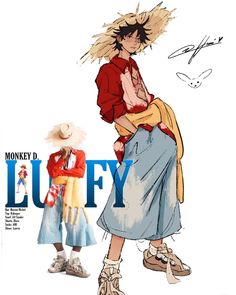 an image of a woman standing next to another woman in front of the word luffy